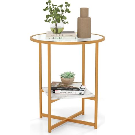 COSTWAY Tavolini da Salotto in Vetro, Tavolino Rotondo a 2 Piani da 50 cm con Ripiano Effetto Marmo, Tavolino da Caffè con Cornice in Metallo Dorato, per Soggiorno, Camera da Letto (1/5)