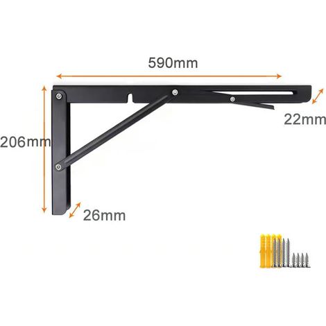 (Noir - 61 cm - 2 pièces (1 paire) - FR) Supports d'étagère pliables 61 cm, robustes, pliables, triangulaires, fixation murale, charnières pour table pliante ou banc (1/5)