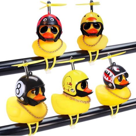 Ornamenti per auto a forma di anatra in gomma, 5 decorazioni gialle a forma di anatra per il cruscotto dell'auto, campanello per bicicletta a forma di anatra comprimibile con casco a elica (1/2)