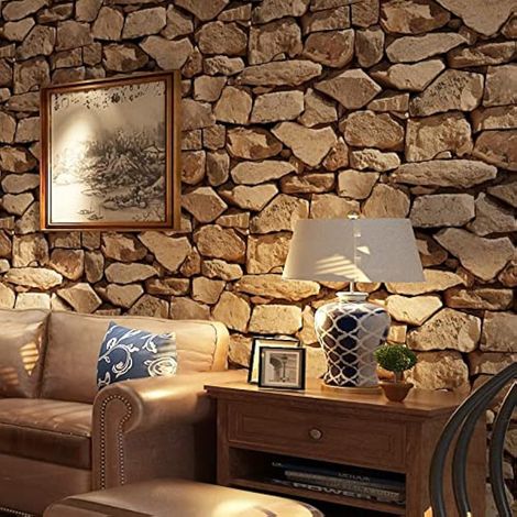 3D Pierre Papier Peint - Imitation Texture, Non Tissé, Décoration Rétro - Marron Clair, 53 cm x 9,5 m (1/4)