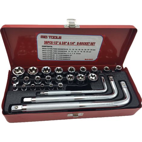 Chiavi Bussola Torx Femmina  E4-E24 Set 26pz Prolunghe Angolo 1/2 3/8 1/2 (1/4)
