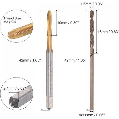 sourcing map M2x0,4 Taraud Spirale Point Filetage et 1,6mm Foret Ensemble (1/4)