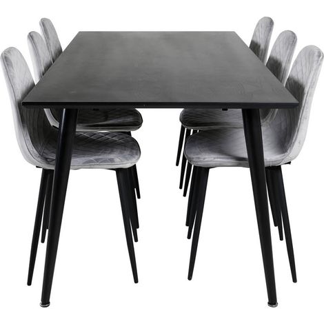 Dipp180x90BLBL ensemble table, table noir et 6 Polar Diamond chaises Velours gris. (1/5)