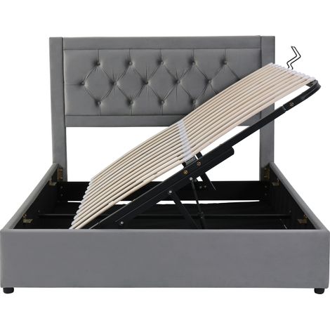 Letto contenitore imbottito 140x200 cm grigio, telaio in acciaio e rete a doghe (1/5)