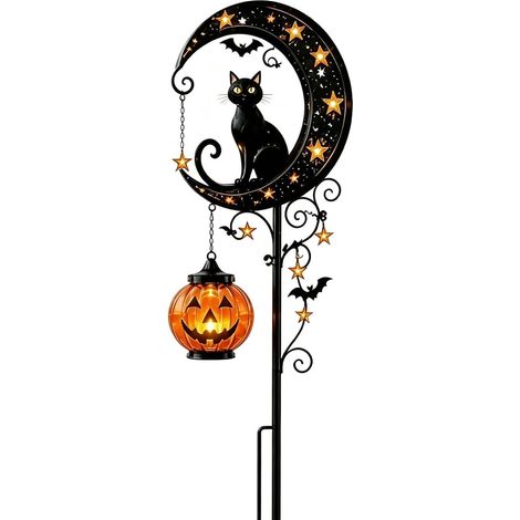 Halloween-Solar-Gartendekoration: Kürbis und schwarze Katze auf einem Pfahl – Wasserdichter Metallkürbis mit Lichtern, ideal für Terrasse, Garten oder Rasen. (1/5)