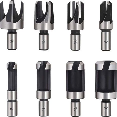 8 Pièces Fraise à Bouchonner, Mèche à Bouchon 6 mm/10 mm/13 mm/16 mm, Acier Carbone, Perceuse pour le Travail du Bois, Forets à Bois à Griffe et Coniques (1/3)
