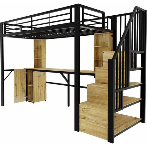 Metall-Hochbett 90 x 200 cm Schwarz mit Schreibtisch, Schrank, Treppe und USB (1/5)