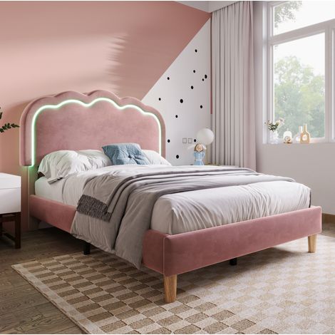 Letto per adulti 90x200 cm, con testiera regolabile, luce LED, rete a doghe, in velluto rosa, senza materasso (1/5)