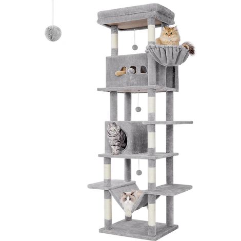 Arbre à chat 210 cm avec 6 étages – Grande plateforme 60x40 cm – Niche confortable – 8 poteaux en sisal – Facile à nettoyer et à installer