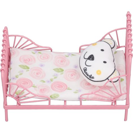 Lit en métal pour maison de poupée à l'échelle 1:12, mobilier miniature, décoration ours pour chambre à coucher, motif floral rose (1/5)