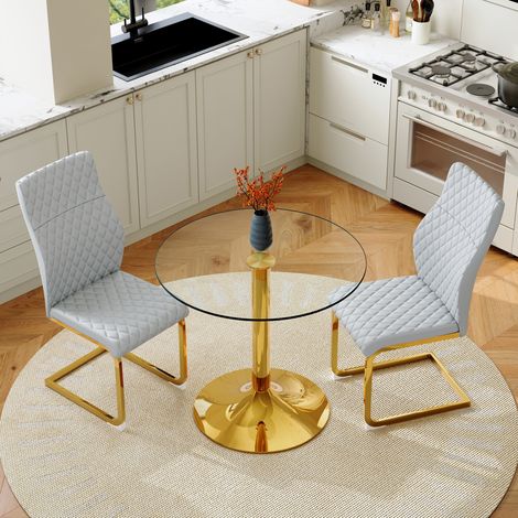 Conjunto de mesa y sillas para 2 personas, mesa redonda de cristal 85 cm, gris y dorado HAVRYA (1/5)