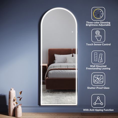 ELEGANT Freestanding Mirrors with Memory Function Dimmable LED 3 Lighting Modes and Built-In Socket, Mirror with Detachable Bracket and Touch Switch, 1600 x 600 x 35mm (1/5)