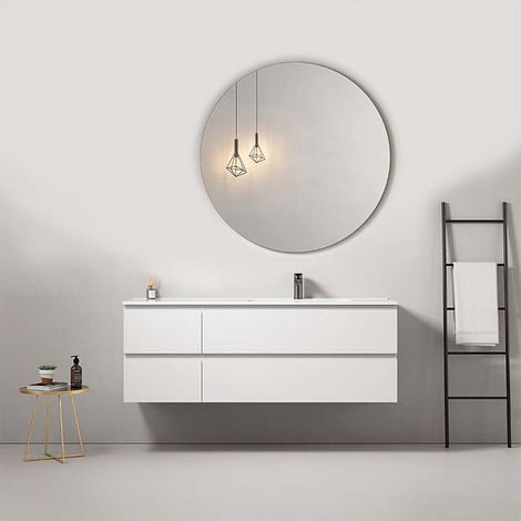 Mobile bagno sospeso 140 cm Bianco Lavabo a Destra in Resina Specchio Tondo - Fiji Paint (1/5)