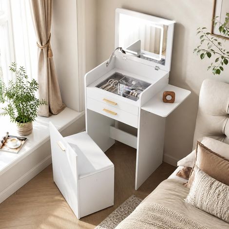 WOLTU 3 in 1 Dressing Table Set 2 Drawers Vanity Stool with Wheels and Mirror Adjustable Light Strip White (1/5)