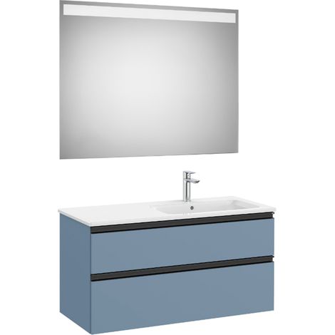 Pack meuble "The Gap" 1000 - 2 tiroirs + lavabo slim droite + miroir LED - bleu mat/ poignées noires - Roca (1/2)