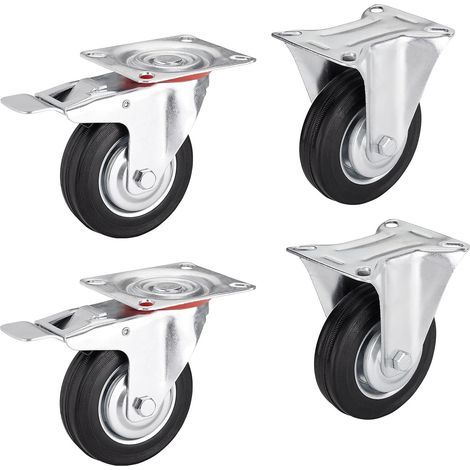 Set of 4 heavy-duty wheels, 75 mm diameter (2 fixed wheels, 2 swivel wheels with brakes), 96 mm height, mounting plate: 80 x 67 mm, load capacity up to 280 kg. Fixed wheel (1/5)