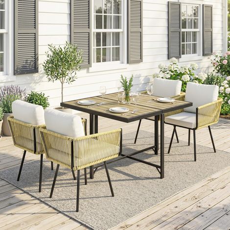 Conjunto de Mesa y Sillas Jardín de Ratán 5 Piezas con Mesa de Plástico-Madera 4 Sillas con Cojines Extraíbles Beige (1/5)