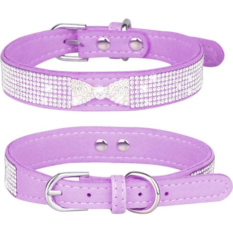 Grazioso, scintillante, morbido e lucido collare per cani e gatti in pelle scamosciata con strass, taglia S (1/5)