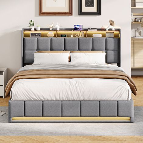 Polsterbett 160 x 200 cm mit Bettkasten, Stauraum-Kopfteil, LED und USB/Type-C, Leinen, Grau