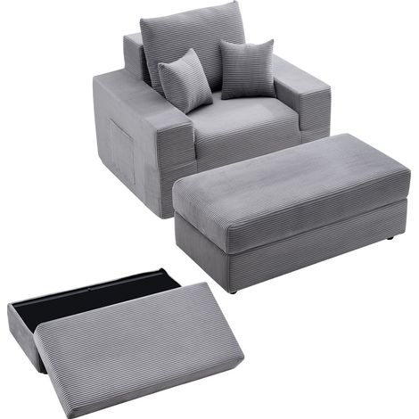 Chaise longue 1115 mm, chaise longue d'intérieur modulaire sans os, fauteuil de lecture surdimensionné en velours côtelé avec coussins et accoudoirs, canapé-lit profond pour salon, chambre, gris (1/5)