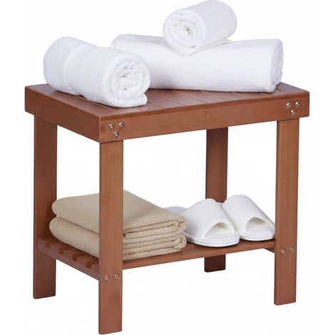 Tabouret en Bambou avec étagère, HxLxP 41 x 44 x 28 cm, Salle de Bain, Salon, Couloir, Naturel (1/5)