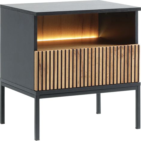 Table de chevet avec 1 tiroir et 1 niche - Avec LEDs - Noir et naturel - OVILA (1/4)