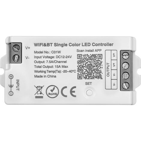 Contrôleur de bande LED monochrome basse tension C01W Graffiti WIFI+Bluetooth : réglage de la luminosité, contrôle via application, télécommande