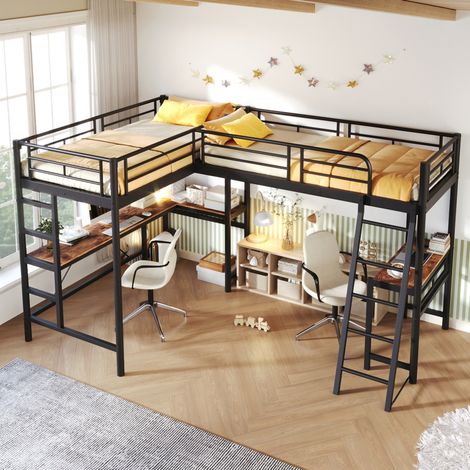 Litera doble 90 x 200 cm con 2 escritorios, metal y MDF negro OKWISH (1/5)