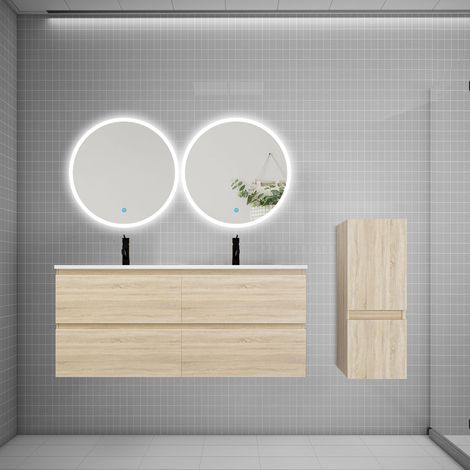 Ensemble meuble double vasque L.120cm 4 tiroirs + lavabo + 2 LED miroirs rond 60cm + colonne,chêne