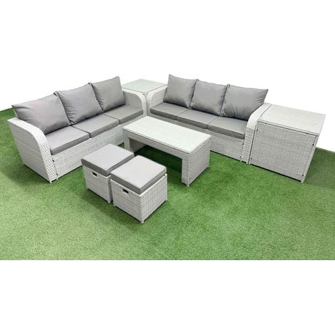 Fimous Outdoor Garden Furniture Sets 8 Seater Wicker Rattan Furniture Sofa Sets with Oblong Coffee Table high Back Lounge Sofa Stools 2 Side Table Light Grey (1/4)