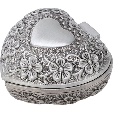 Coffret à bijoux en forme de cœur, motif floral rétro sculpté, boîte métallique pour rangement et décoration de bijoux. (1/5)