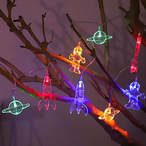 LED-Lichterkette für Kinderzimmer mit Hängelampen, Raketen-Raumschiff-Astronauten-Dekorationslichter für Kinder, LED-Partylichter, 6 m, 40 LEDs (Batterie + USB + 8 Modi, Farbe)