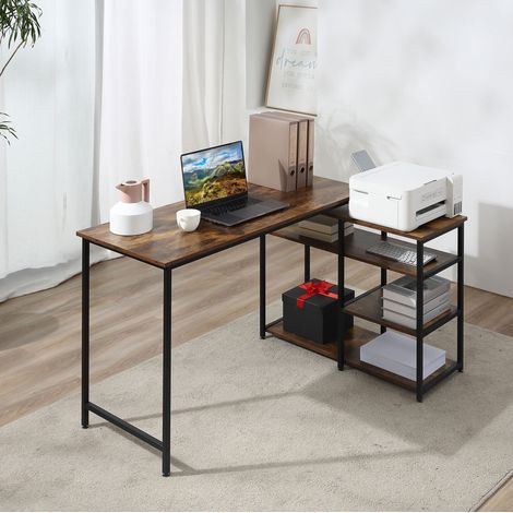 Scrivania angolare in legno e metallo 135 x 90 x 79 cm nera con 3 ripiani salvaspazio (1/5)