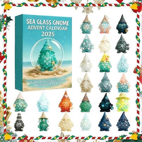 Calendrier de l'Avent 2025 avec gnome en verre de mer pour enfants - Décorations de sapin de Noël (24 jours)