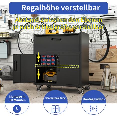 Armoire à outils métallique à roulettes pour garage – armoire mobile robuste avec 1 tiroir, 2 portes verrouillables, armoire de rangement d'outils roulante, H 88 × L 75 × P 42 cm, en noir-gris (1/5)