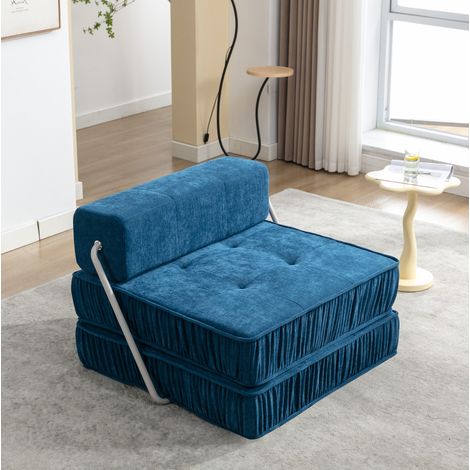 Canapé-lit pliable en chenille bleue, mousse haute densité et ressorts, 186x93x44,5 cm, modulable 2-en-1 (1/5)
