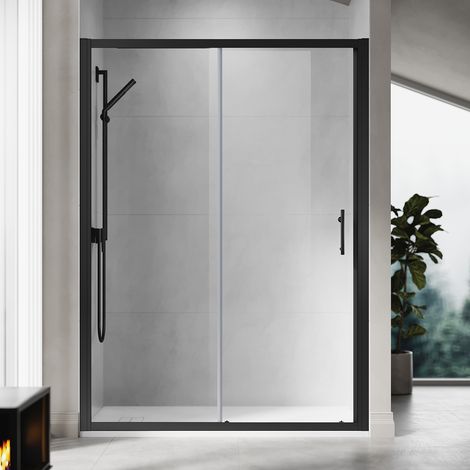 ELEGANT 1400mm Sliding Shower Enclosure Black Frame Shower Door 6mm Tempered Glass