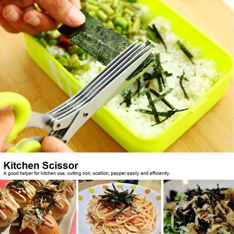 Ciseaux de cuisine en acier inoxydable à 5 lames, outil pour émincer les oignons verts et les sushis (jaune) (1/5)