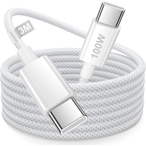 Câble USB C vers USB C 3M, 100W Câble Charge Rapide Fil Chargeur Typ C Cordon Type C pour iPhone Air/15 1617 Pro Max/Plus,iPad Pro/Air,MacBook Air/Pro,Samsung Galaxy S25 S24 S23 S22,Xiaomi (1/5)