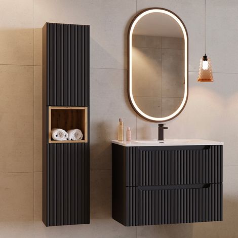 Ensemble meuble simple vasque encastrée 80cm 2 tiroirs et colonne Riva Noir et Bois (1/5)