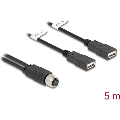 Delock Cable M12 codificado A de 8 pines hembra a 2 x USB 2.0 Tipo-A hembra 5 m negro