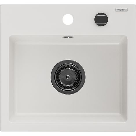 Mexen Milo lavello in granito 1-vasca 435 x 410 mm, bianco, sifone nero - 6505441000-20-B (1/5)