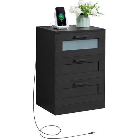 Comodini con 3 Cassetti, Tavolino da Notte con Illuminazione LED e Porte USB e Tipo-C, per Camera da Letto (1, Nero)