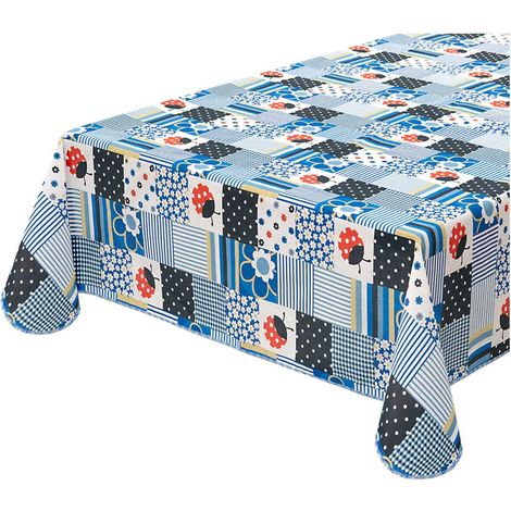 Tovaglia Antimacchia Cucina Coccinella Bordata Cotone Plastificato Proteggi Tavolo Copritavolo Blu - 120x160 cm