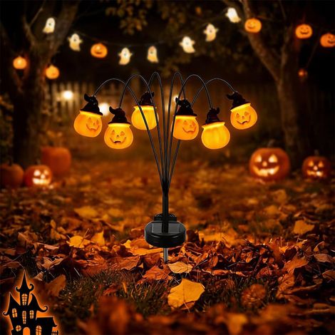 Lot de 1 lampes à piquet de jardin solaires citrouille d'Halloween, lampes décoratives citrouille à 6 LED étanches extérieures avec chapeau de sorcière, lampes à piquet au sol à capteur automatique so (1/5)
