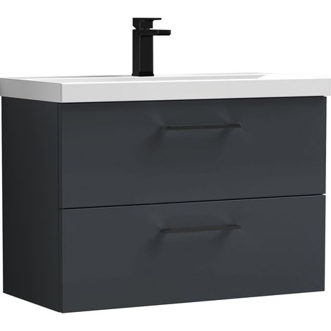 Balterley 800mm Wall Hung Bathroom 2 Drawer Vanity Unit and 1 Tap Hole Ceramic Basin, Satin Dark Grey with Black Handles
