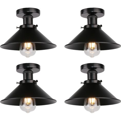 Deckenleuchte Vintage Retro Deckenlampe Industriell Eisen Lampenschirm Hutform 22cm Alles Schwarz 4PCS (1/5)