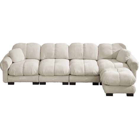 Sofá esquinero modular en L de 4 plazas en chenilla con puf móvil, beige claro (1/5)