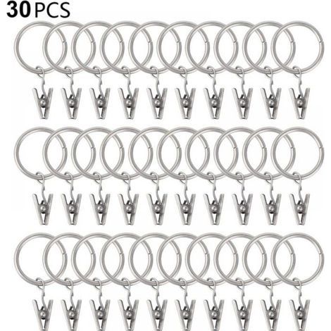 Set of 30 curtain rings with clips, sturdy, rod hooks, metal inner diameter eyelets, pou...