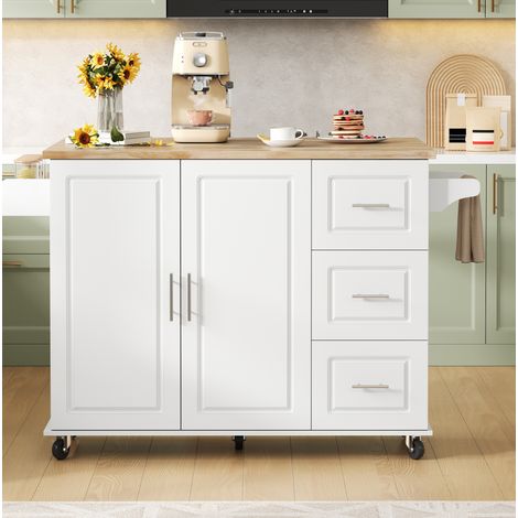 Carrello cucina 137x43(76)x92 cm bianco in MDF con piano pieghevole, 3 cassetti e ruote (1/5)